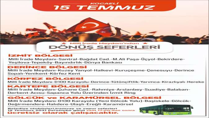 Büyükşehir’den 15 Temmuz’da ücretsiz ulaşım hizmeti