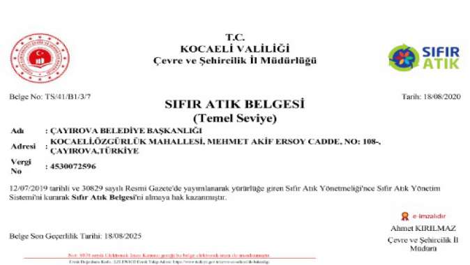 Çayırova Belediyesi Sıfır Atık Belgesi aldı