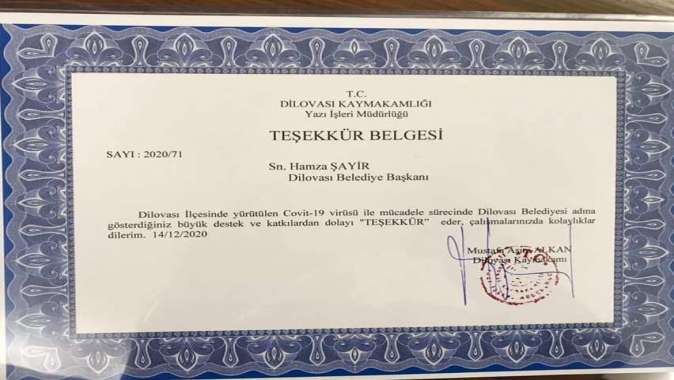 Kaymakam Alkan’dan Başkan Şayir’e teşekkür belgesi