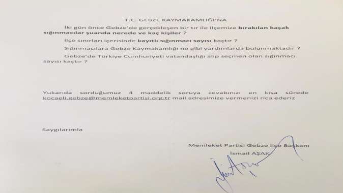 Memleket Partisi, Gebzedeki sığınmacıları sordu